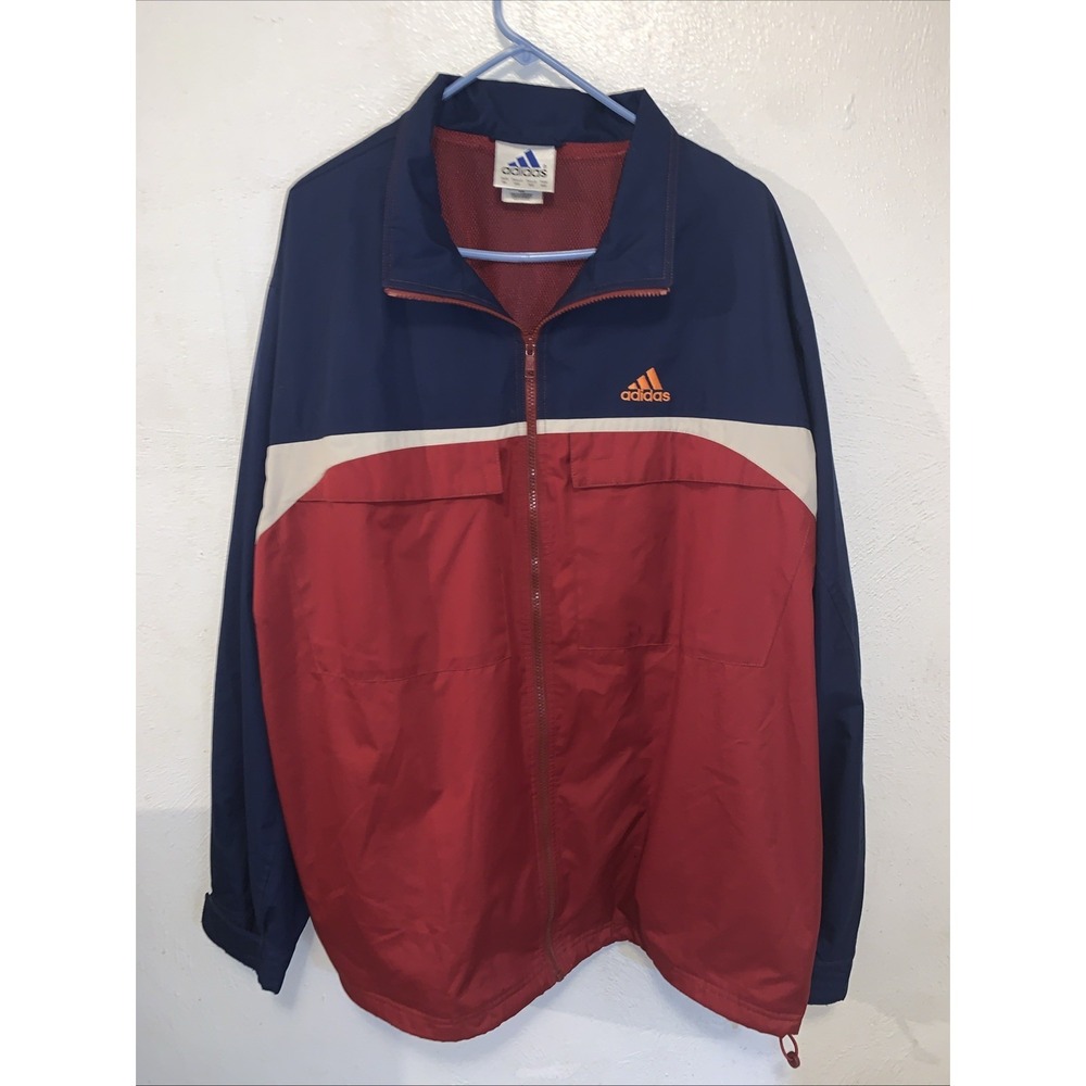 Vintage Adidas Jacket Mens XL Red Blue Windbreaker Pockets ZipUp Logo Streetwear